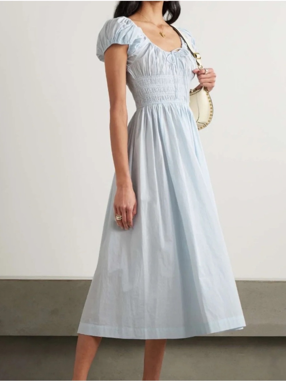 Doen Quinn Tie Detailed Shirred Organic Cotton Poplin Midi Dress Alice Blue NWT